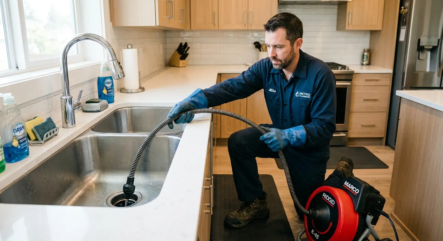 Drain cleaning technician using a motorized snake on a kitchen sink in Columbiana