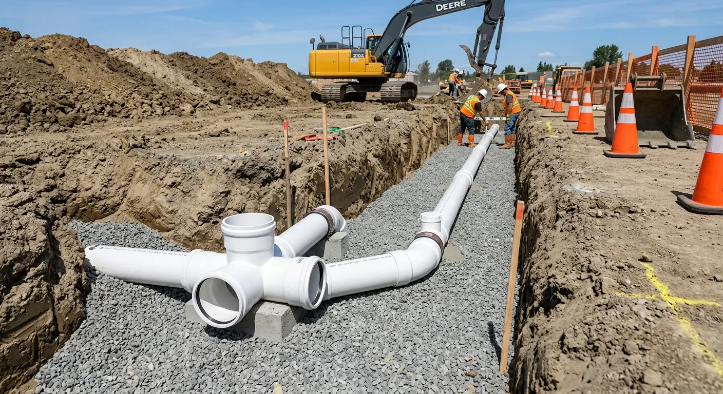 New PVC sewer pipe installation in open trench for Commercial Drain Cleaning in Columbiana